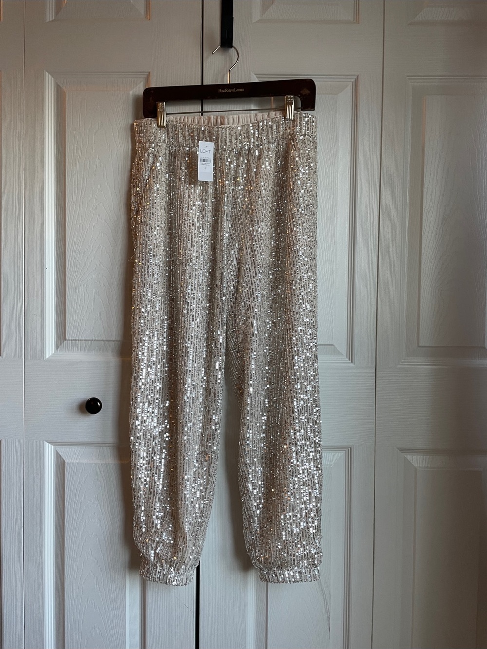 NWT LOFT Tan/ Gold/ Silver Sequin Elastic Waist Pants